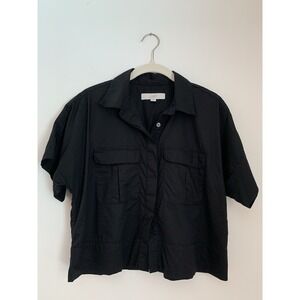 Loft Boxy Cropped Button Down Short Sleeve Sz XS Black Travel Utility Safari